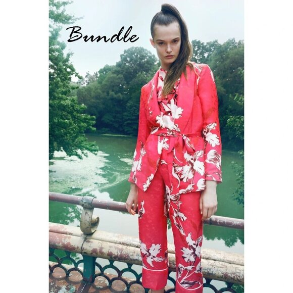 NWOT Zara pink floral print satin belted blazer jacket & cropped pants bundle - Picture 1 of 14